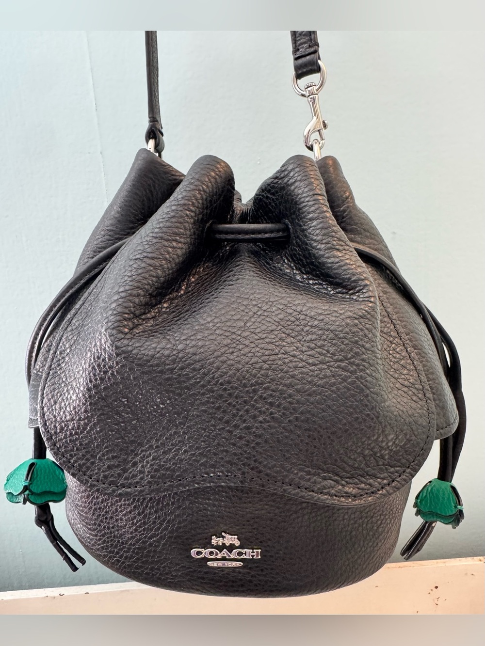 Coach Black Pebbled Leather Mini Drawstring Bucket Bag with Green Accents